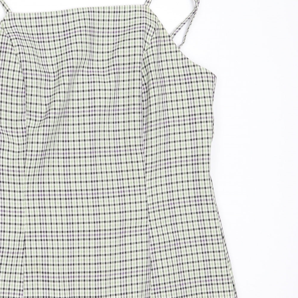 Miss Selfridge Womens Green Check Polyester Mini  Size 10  Square Neck