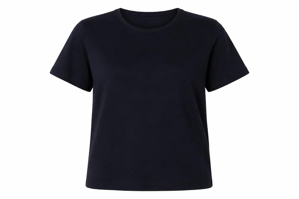 Front view of Fabrizo women’s blue polyester basic t-shirt, size M, round neck