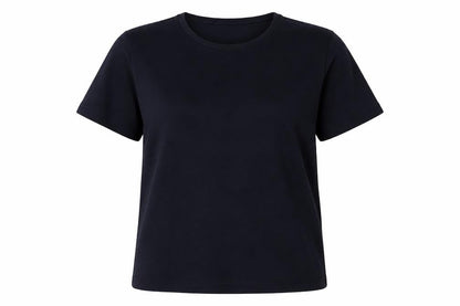 Front view of Fabrizo women’s blue polyester basic t-shirt, size M, round neck