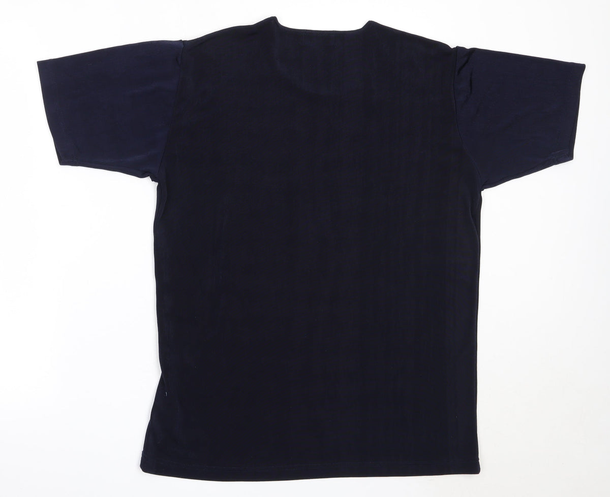 Back view of Fabrizo women’s blue polyester basic t-shirt, size M, round neck