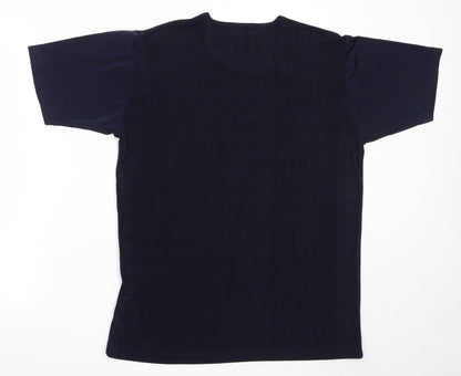 Back view of Fabrizo women’s blue polyester basic t-shirt, size M, round neck