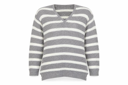 Front view of Papaya women’s grey v-neck striped acrylic jumper, size M