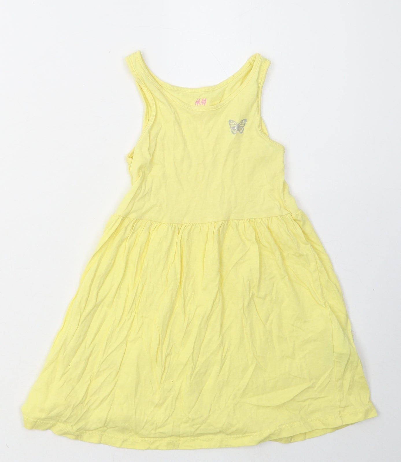 H&M Girls Yellow  Cotton A-Line  Size 2-3 Years  Crew Neck Pullover - Butterfly Print