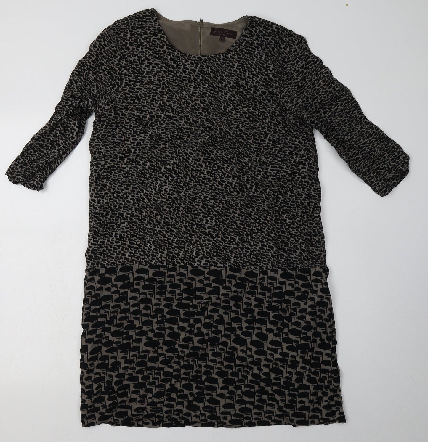 Great Plains Womens Brown Geometric Polyester A-Line  Size M  Crew Neck Zip