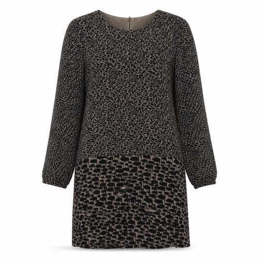 Front view of Great Plains women’s brown geometric polyester a-line, size M, crew neck zip