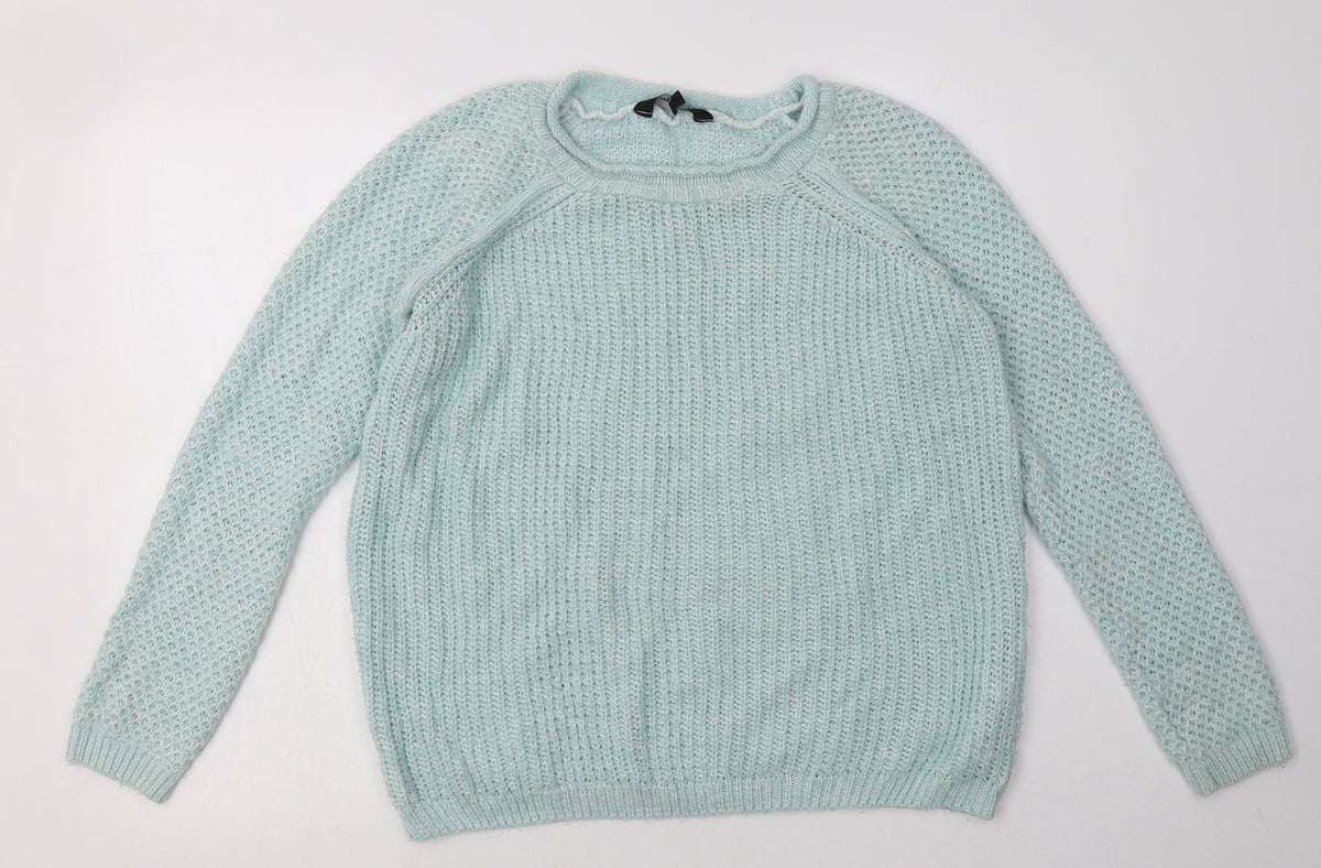 Additional front view of New Look women’s blue acrylic pullover sweatshirt, size UK 12, pullover