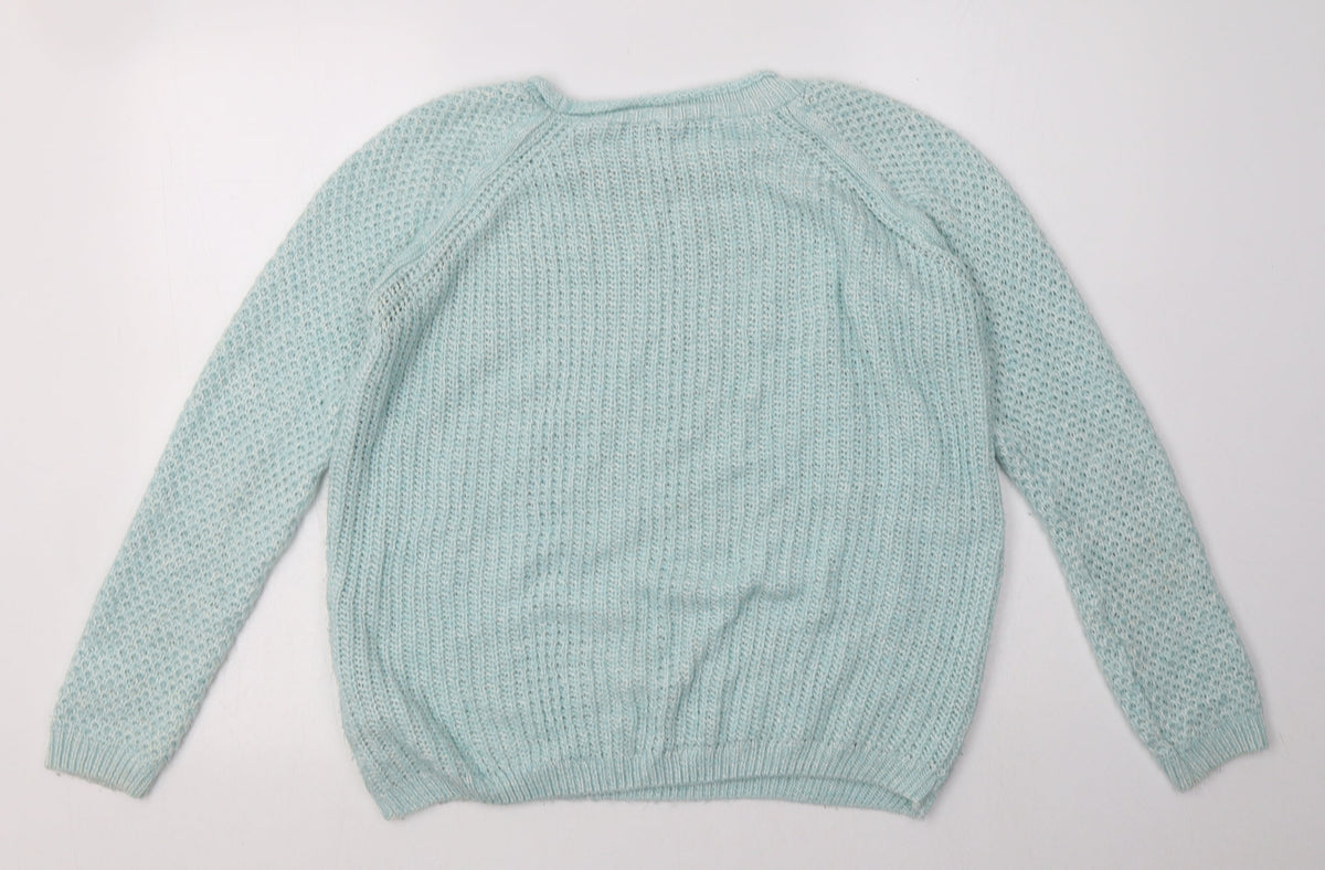 Back view of New Look women’s blue acrylic pullover sweatshirt, size UK 12, pullover