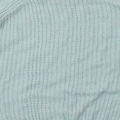 Brand and care label for New Look women’s blue acrylic pullover sweatshirt, size UK 12, pullover