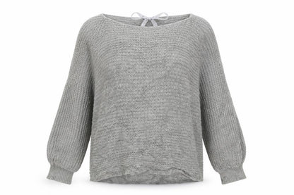 Front view of women’s grey acrylic pullover sweatshirt, size S, pullover
