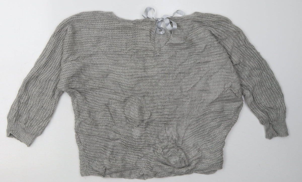 Back view of women’s grey acrylic pullover sweatshirt, size S, pullover