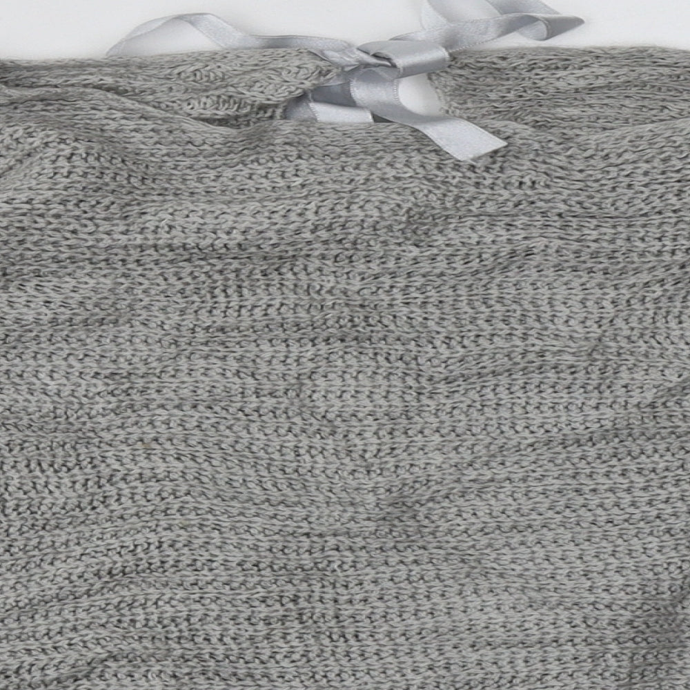Close-up detail of women’s grey acrylic pullover sweatshirt, size S, pullover