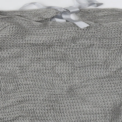 Close-up detail of women’s grey acrylic pullover sweatshirt, size S, pullover