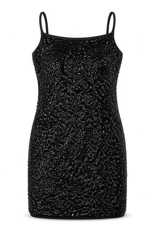 Front view of Sweewë women’s black polyester bodycon, size S, scoop neck pullover - sequin detail