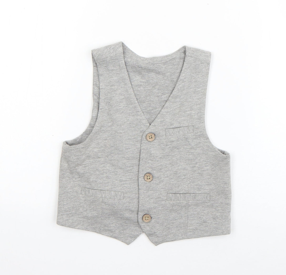 Additional front view of Lullaby boys’ grey jacket waistcoat, size 12-18, months button