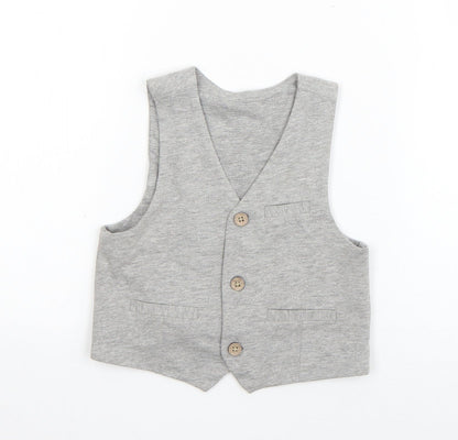 Additional front view of Lullaby boys’ grey jacket waistcoat, size 12-18, months button