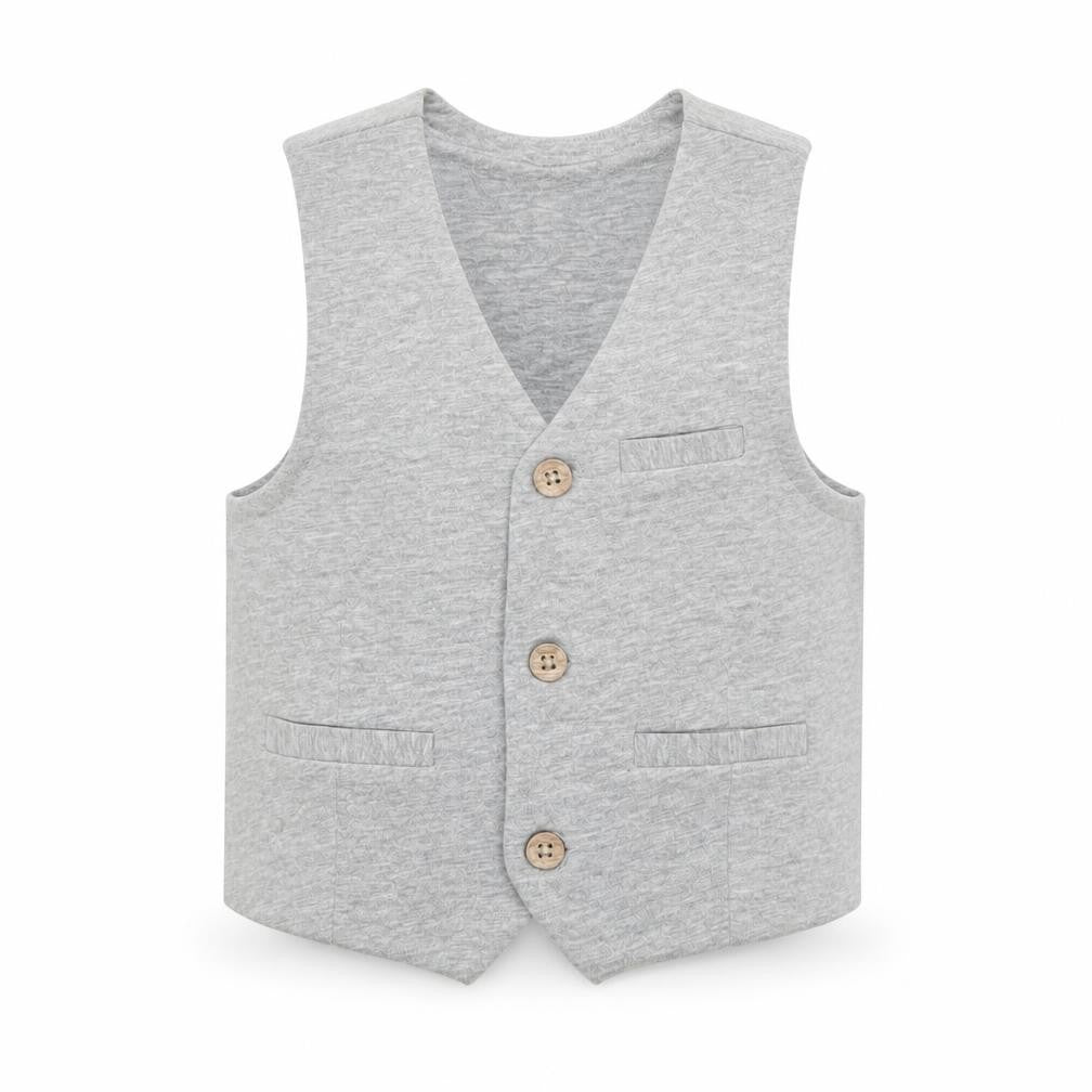 Front view of Lullaby boys’ grey jacket waistcoat, size 12-18, months button