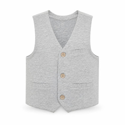 Front view of Lullaby boys’ grey jacket waistcoat, size 12-18, months button