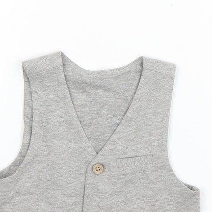 Close-up detail of Lullaby boys’ grey jacket waistcoat, size 12-18, months button