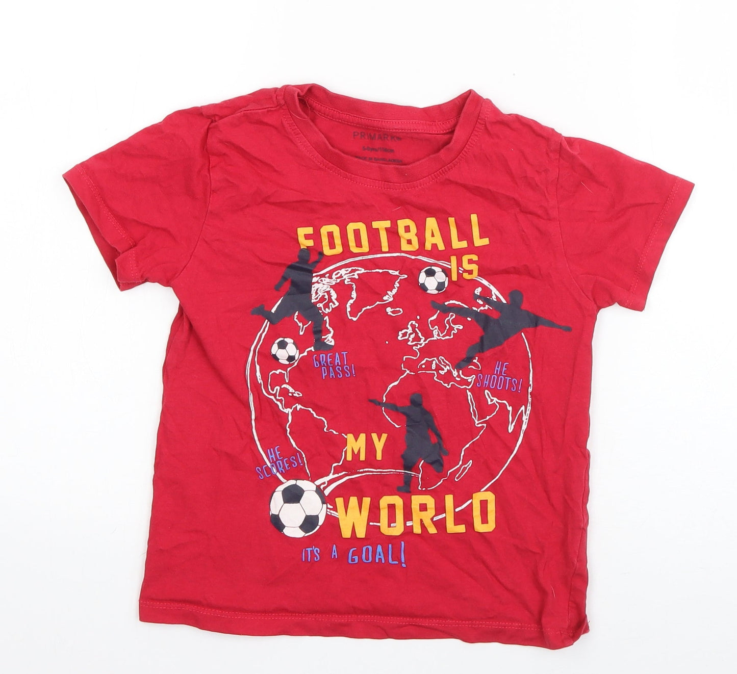 Primark Boys Red  Cotton Basic T-Shirt Size 5-6 Years Round Neck Pullover - Football