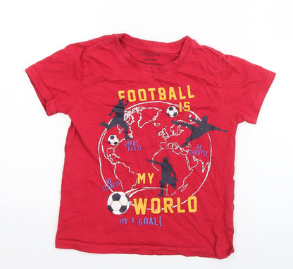 Primark Boys Red  Cotton Basic T-Shirt Size 5-6 Years Round Neck Pullover - Football