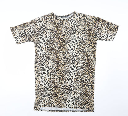 Boohoo Womens Beige Animal Print Polyester T-Shirt Dress  Size 8  Crew Neck