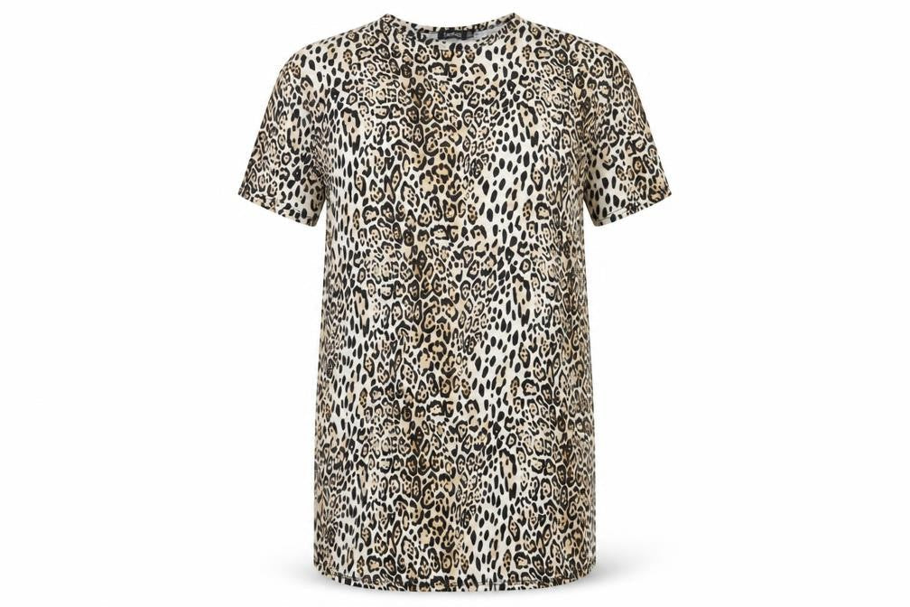 Front view of Boohoo women’s beige animal print polyester t-shirt dress, size UK 8, crew neck