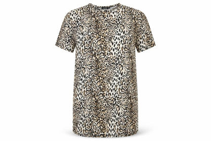 Front view of Boohoo women’s beige animal print polyester t-shirt dress, size UK 8, crew neck