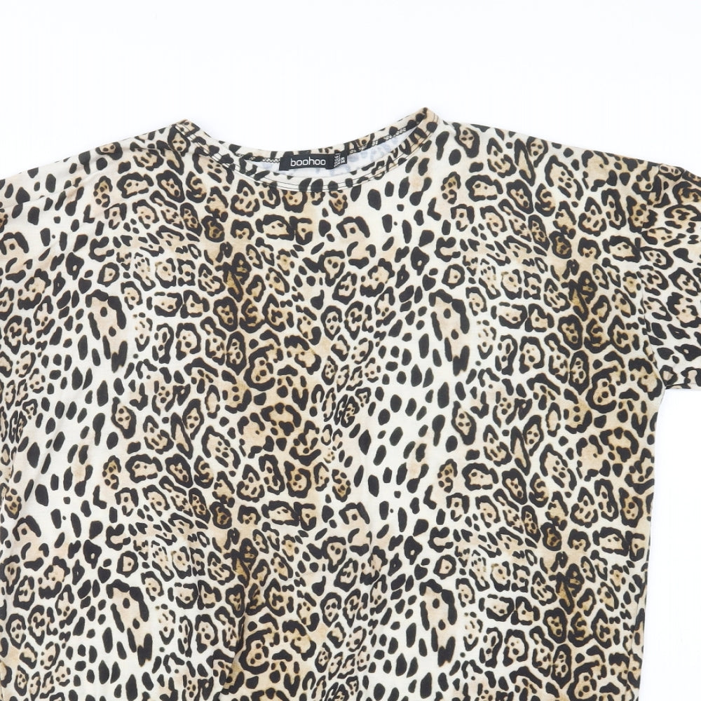 Boohoo Womens Beige Animal Print Polyester T-Shirt Dress  Size 8  Crew Neck