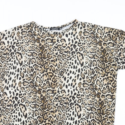 Boohoo Womens Beige Animal Print Polyester T-Shirt Dress  Size 8  Crew Neck