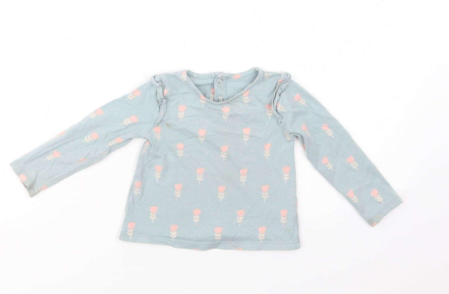 TU Baby Blue Floral Cotton Basic Blouse Size 9-12 Months Crew Neck Snap