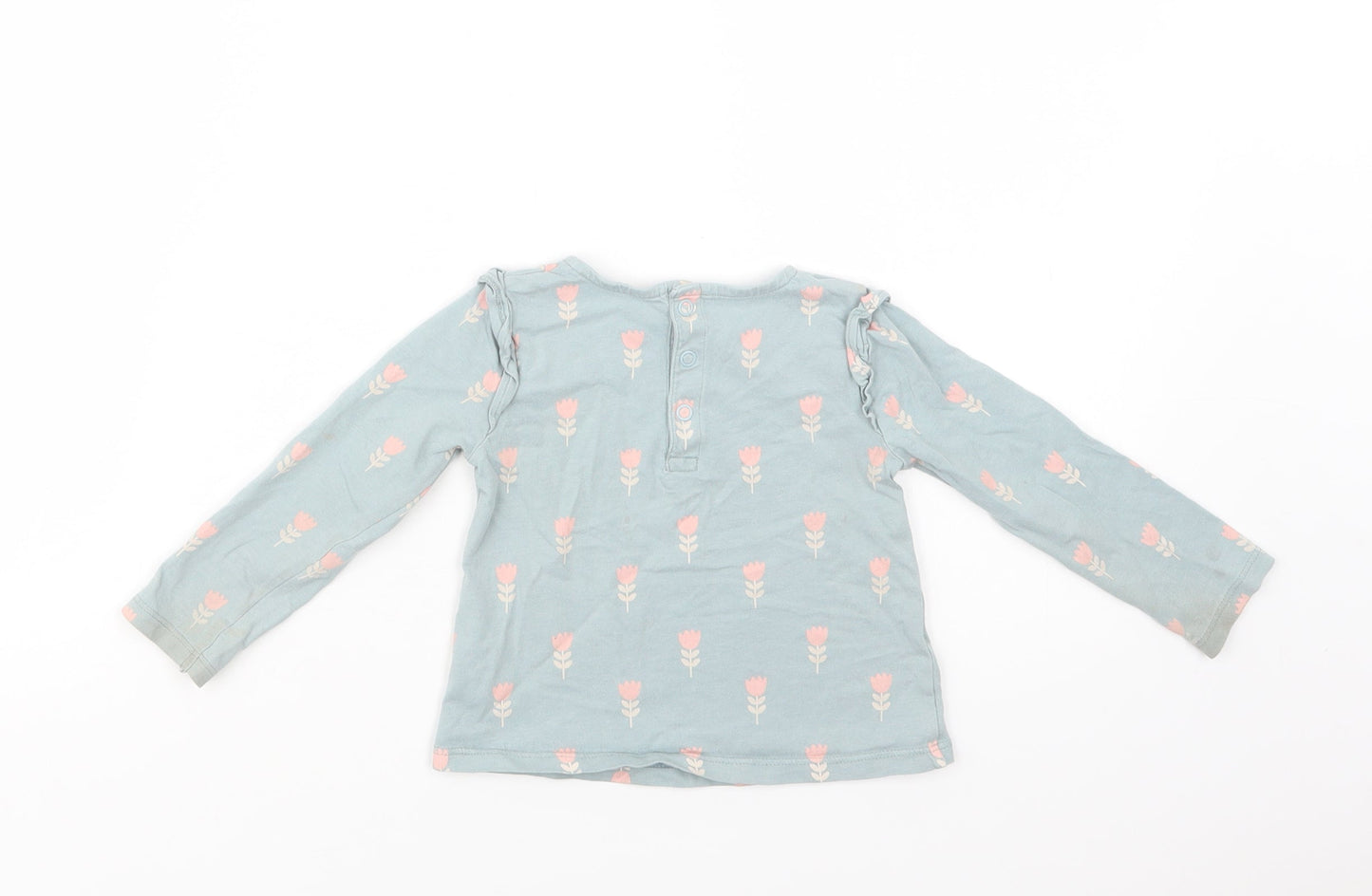 TU Baby Blue Floral Cotton Basic Blouse Size 9-12 Months Crew Neck Snap
