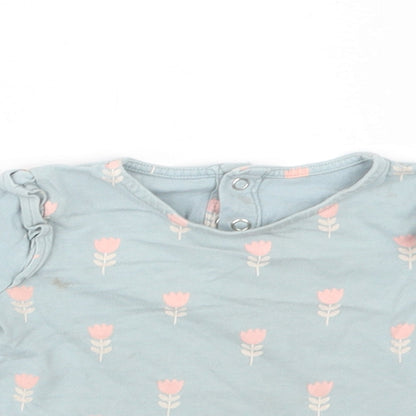 TU Baby Blue Floral Cotton Basic Blouse Size 9-12 Months Crew Neck Snap