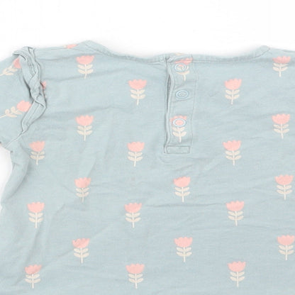 TU Baby Blue Floral Cotton Basic Blouse Size 9-12 Months Crew Neck Snap