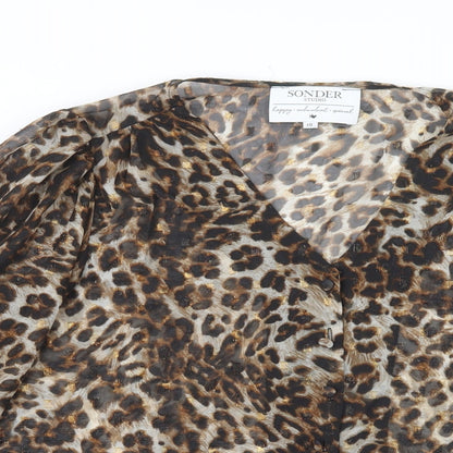 Sonder Studio Womens Brown Animal Print Polyacrylate Fibre Basic Blouse Size 10 V-Neck
