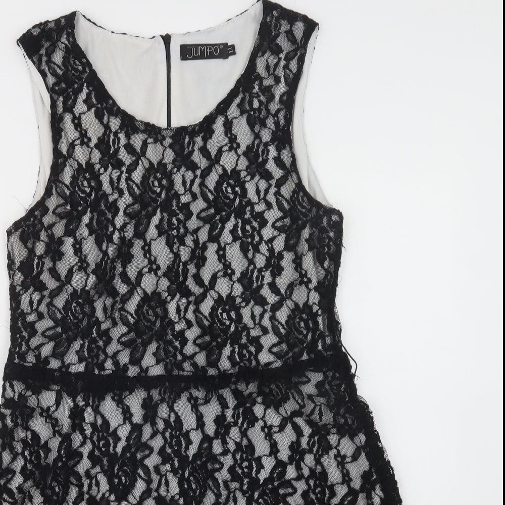 Jumpo Womens Black Floral Polyester A-Line  Size 12  Round Neck Zip - Lace Overlay
