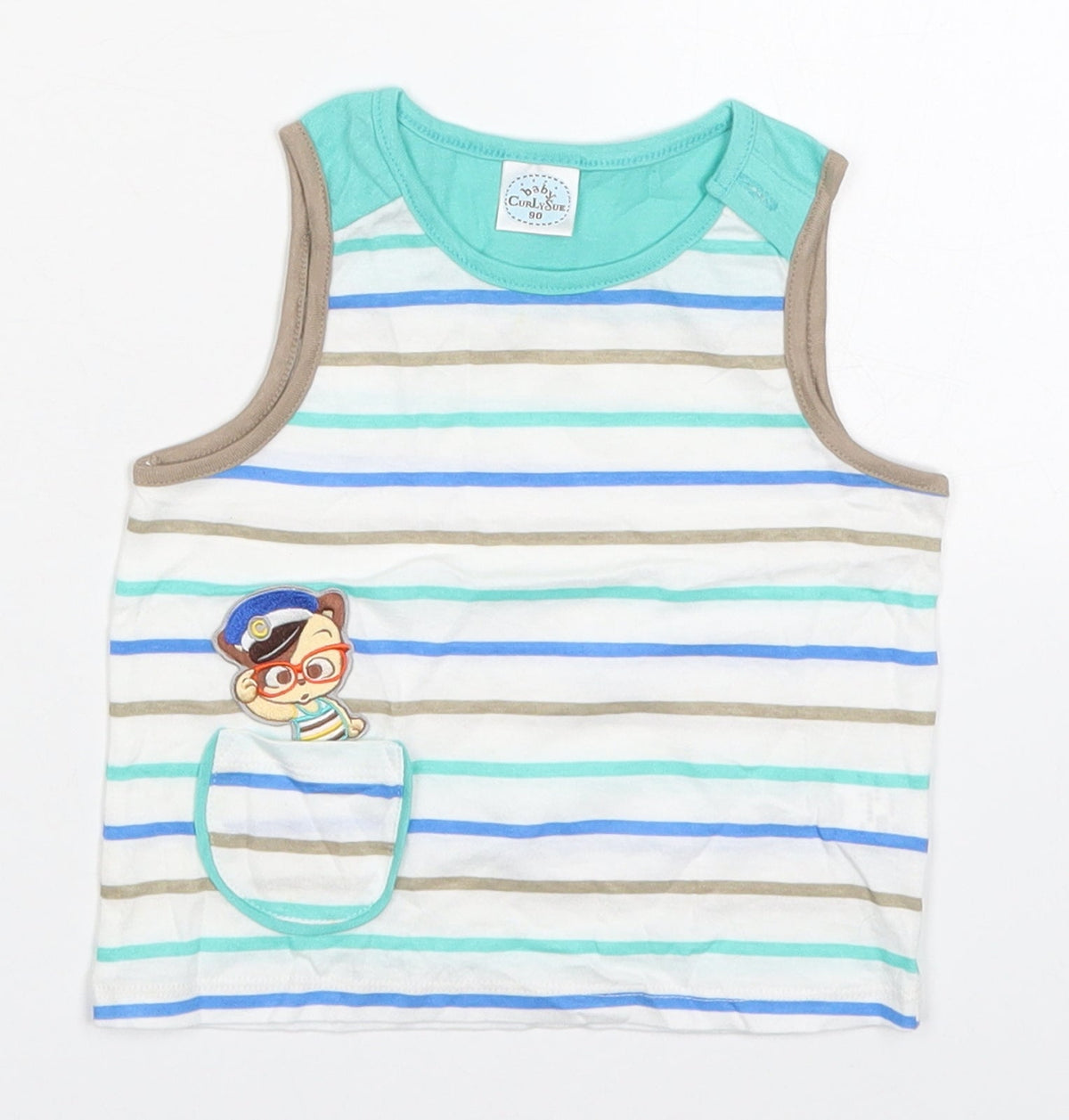 Additional front view of Curly Sue boys’ blue striped cotton basic tank, size 2-3, years round neck pullover - bear