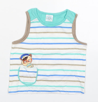 Additional front view of Curly Sue boys’ blue striped cotton basic tank, size 2-3, years round neck pullover - bear