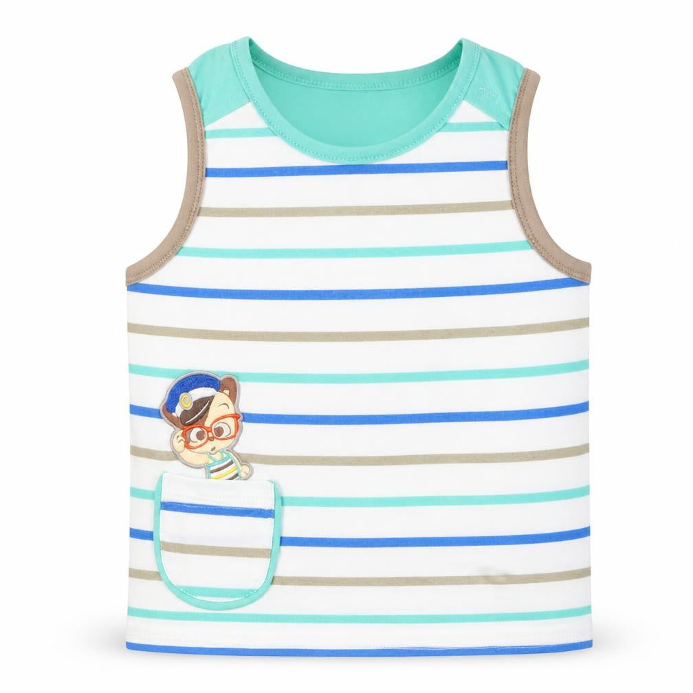 Front view of Curly Sue boys’ blue striped cotton basic tank, size 2-3, years round neck pullover - bear