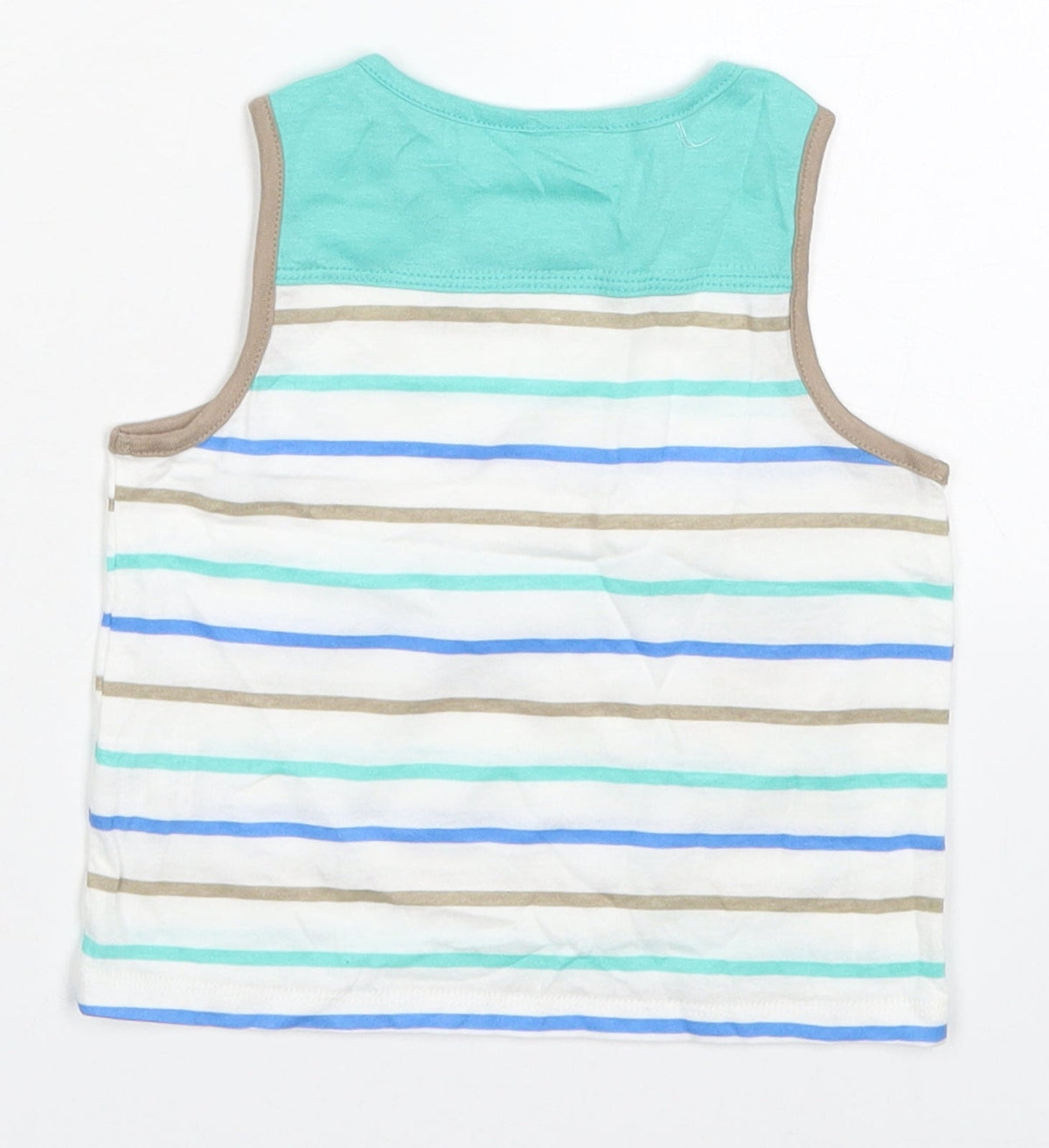 Back view of Curly Sue boys’ blue striped cotton basic tank, size 2-3, years round neck pullover - bear