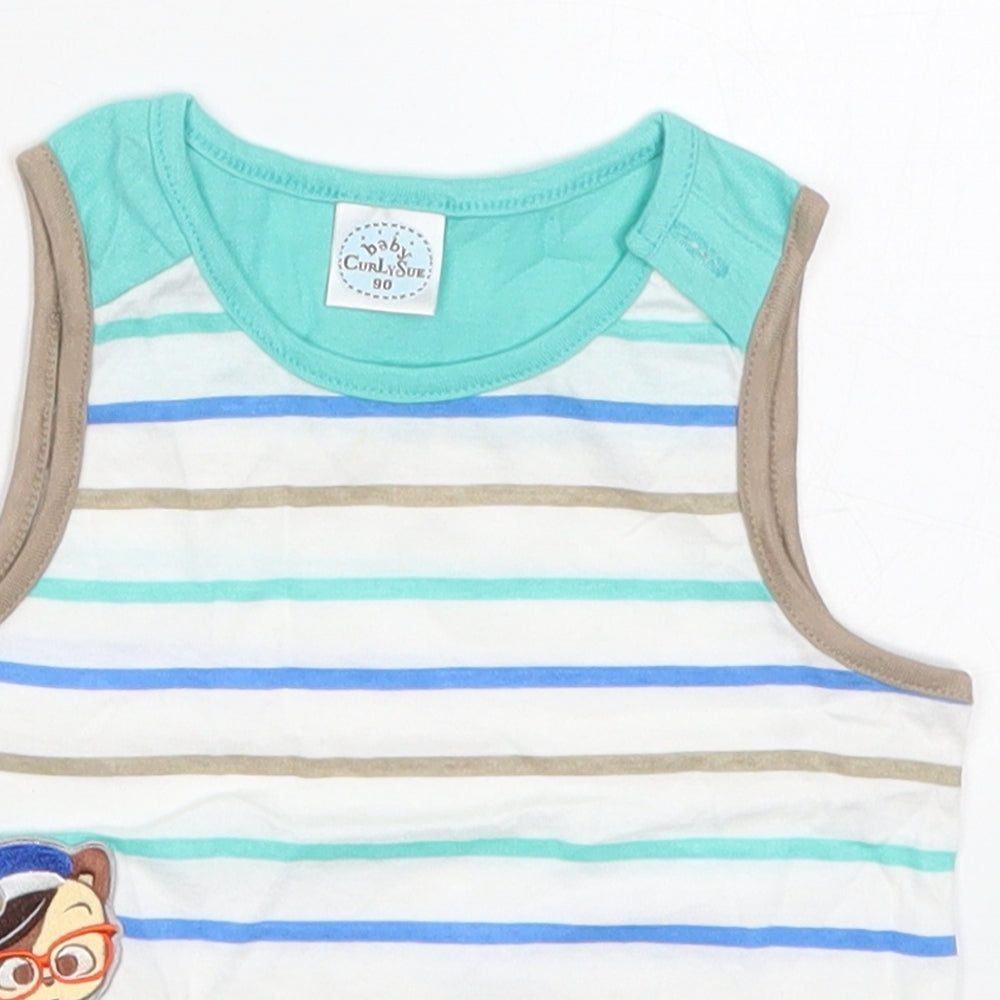 Close-up detail of Curly Sue boys’ blue striped cotton basic tank, size 2-3, years round neck pullover - bear