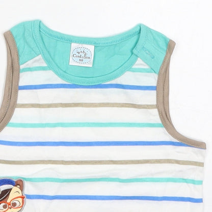 Close-up detail of Curly Sue boys’ blue striped cotton basic tank, size 2-3, years round neck pullover - bear