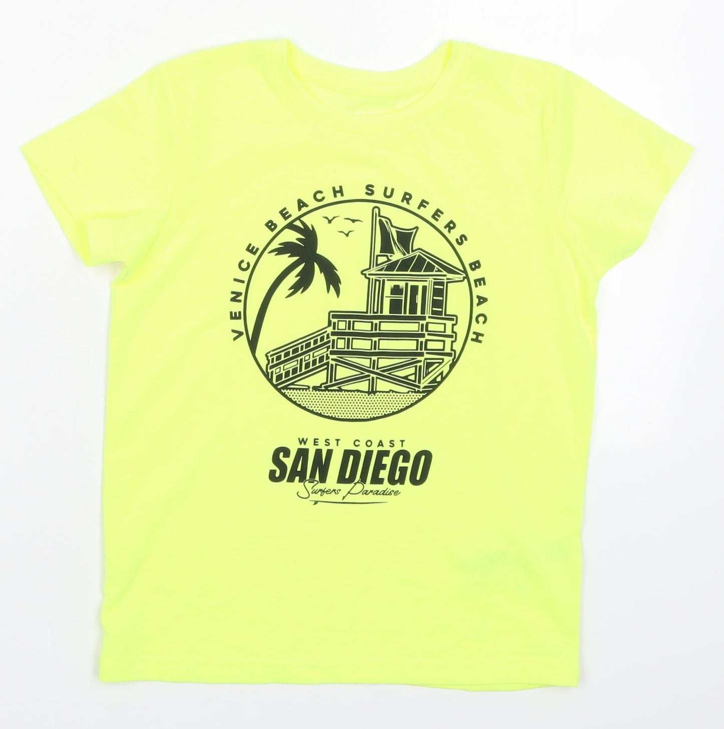 Primark Boys Yellow  Polyester Basic T-Shirt Size 7-8 Years Crew Neck Pullover - Venice Beach San Diego