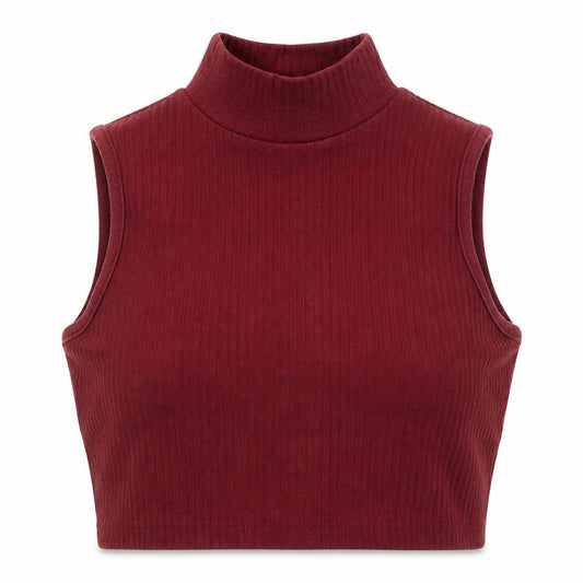 Front view of Missguided women’s red cotton cropped tank, size UK 4, round neck