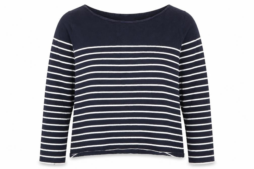 Front view of H&M women’s blue striped cotton pullover sweatshirt, size L