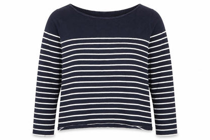 Front view of H&M women’s blue striped cotton pullover sweatshirt, size L