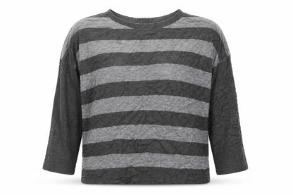 Front view of Marks & Spencer women’s grey round neck striped acrylic jumper, size UK 10