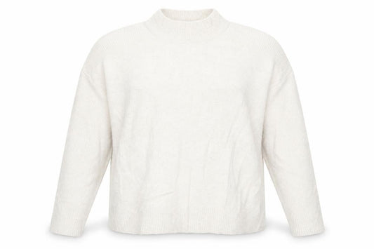 Front view of Miss Selfridge women’s white round neck acrylic jumper, size UK 10