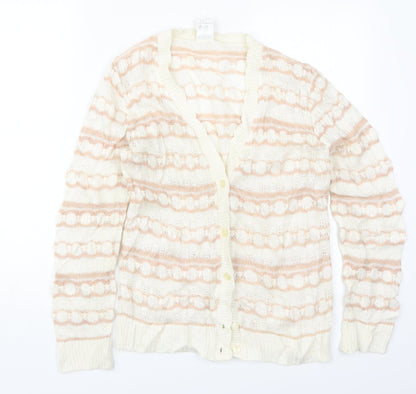 Keynote Womens Beige V-Neck Striped Acrylic Cardigan Jumper Size 12