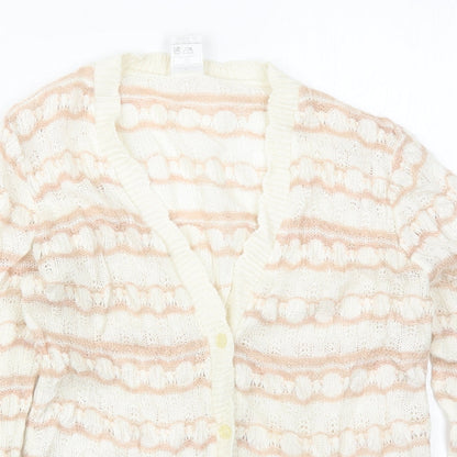 Keynote Womens Beige V-Neck Striped Acrylic Cardigan Jumper Size 12