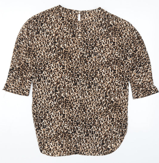 Primark Womens Brown Animal Print Polyester Basic Blouse Size 6 Off the Shoulder